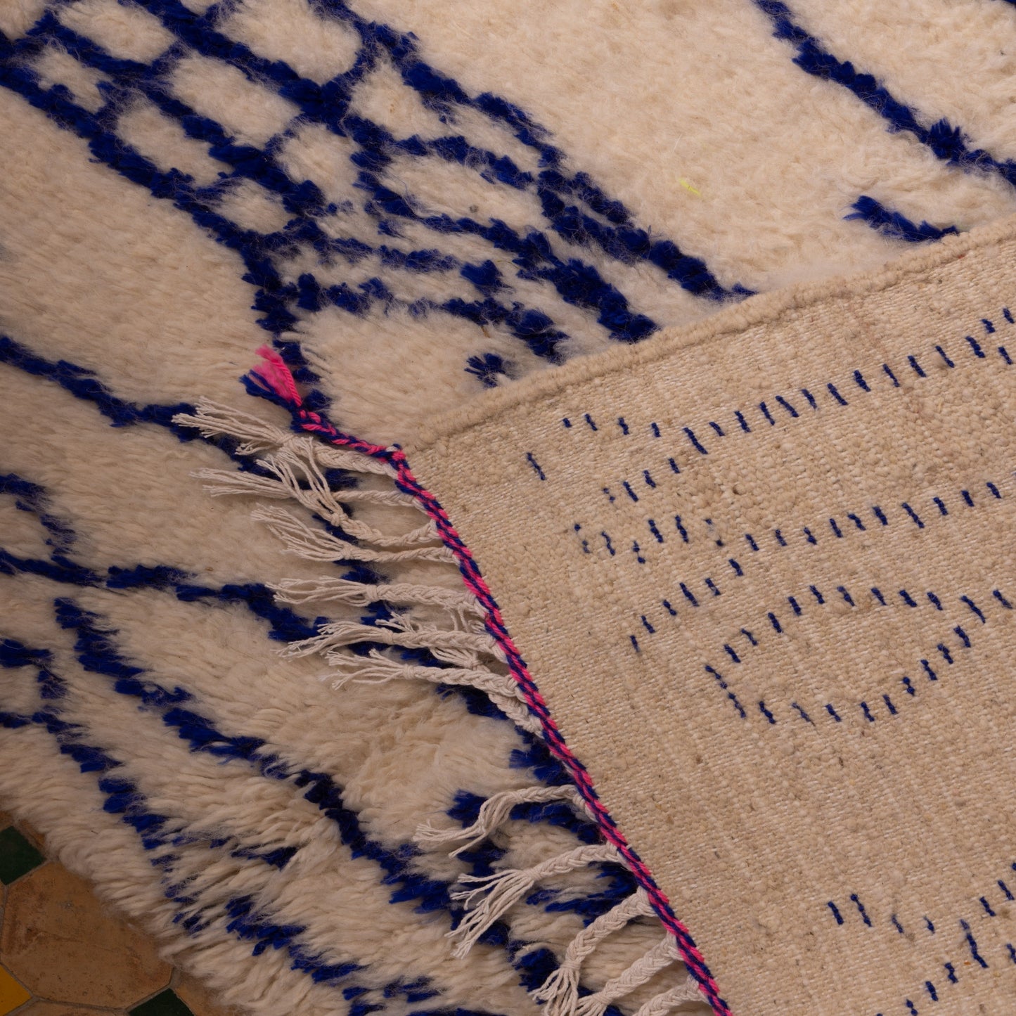 Abstract Blue Tribal Azilal Rug - Moroccan Handmade Wall Hanging - Wool & Cotton Berber Tapestry