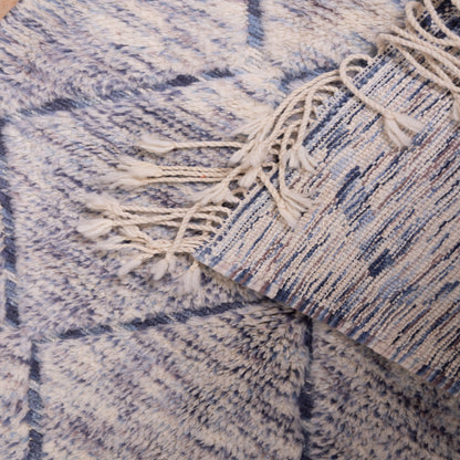 Handwoven Moroccan Wool Rug – Vintage Beni Ourain Style – Blue & Beige Geometric Berber Carpet – Soft Wool Area Rug