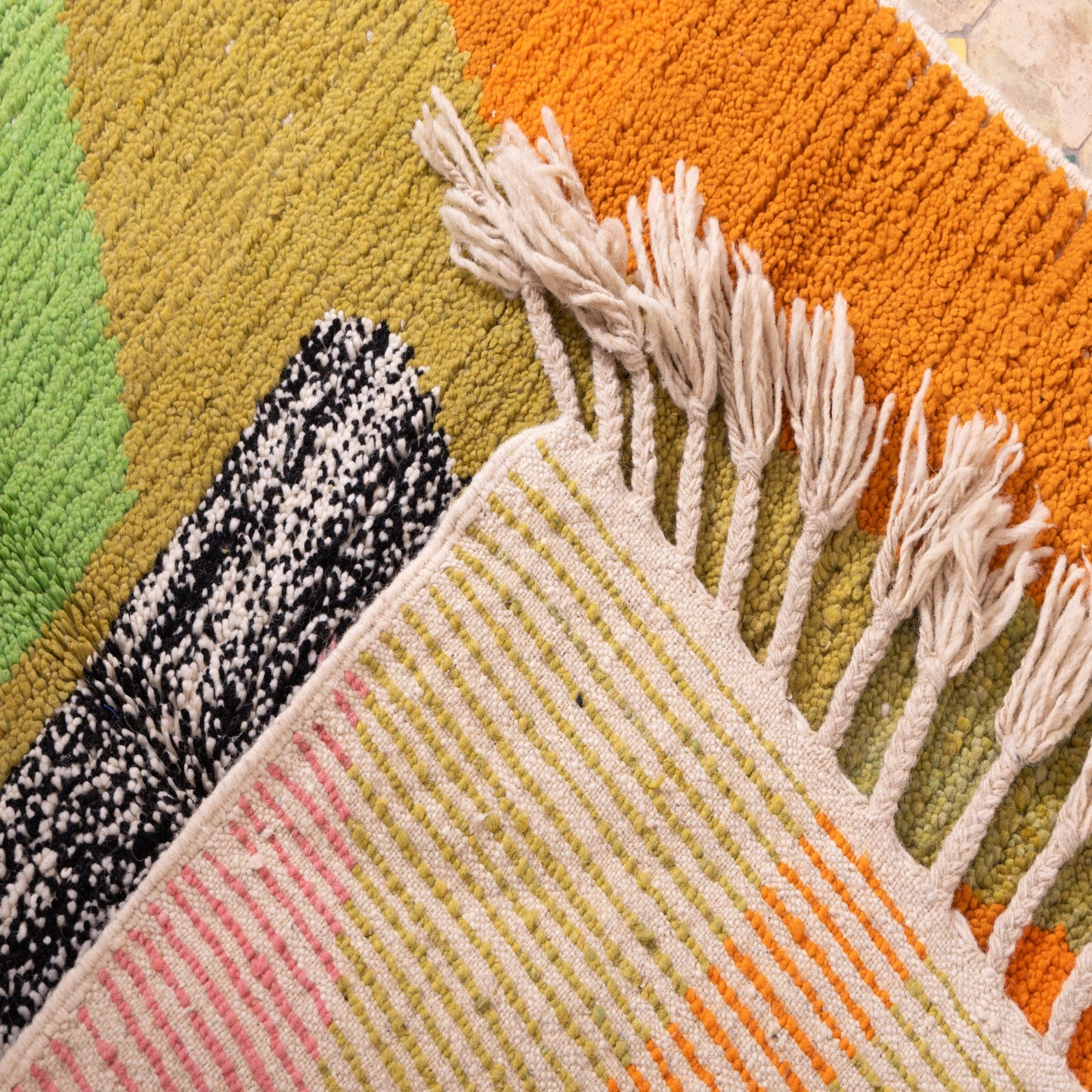 Sacred Portal Boujad Rug – New Moroccan Wool Rug – Green, Orange & Black Organic Abstract – Bold Handwoven Berber Wall Art or Accent Rug