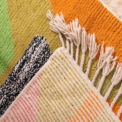 Sacred Portal Boujad Rug – New Moroccan Wool Rug – Green, Orange & Black Organic Abstract – Bold Handwoven Berber Wall Art or Accent Rug