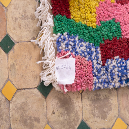 Bold Abstract Boujad Rug – New Moroccan Wool Rug – Pink, Yellow, Blue & Green Modern Art Design – Handmade Berber Textile Wall Hanging