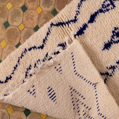 New Handmade Azilal Wool Rug - Geometric Blue Diamonds & Arrows - Moroccan Modern Decor