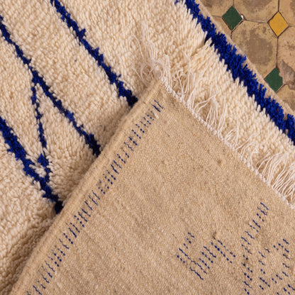 New Handmade Azilal Wool Rug - Abstract Blue Tribal Design on Cream - Moroccan Wall or Floor Decor