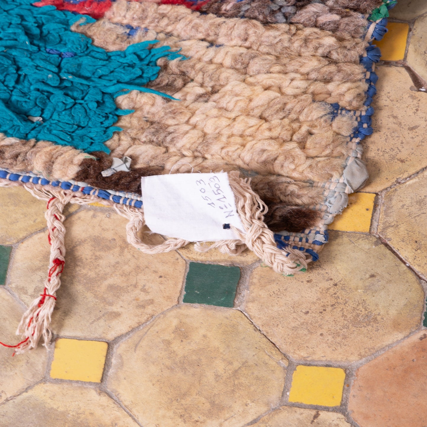 Vintage Moroccan Boucherouite Rug – Handwoven Berber Carpet with Turquoise & Red Abstract Patterns