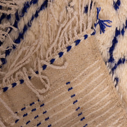 Modern Blue & Cream Azilal Rug - Geometric Tribal Art - Moroccan Handmade Wool & Cotton - Small Berber Wall or Floor Rug