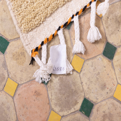 Minimalist Berber Boujad Rug – New Moroccan Wool Rug – Beige with Black Diamonds & Orange Tribal Motifs – Modern Boho Wall Hanging