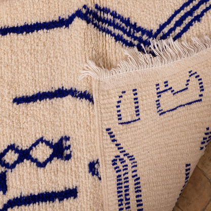 New Handmade Azilal Wool Rug - Blue Abstract Moroccan Symbols on Cream - Modern Tribal Decor for Wall or Floor