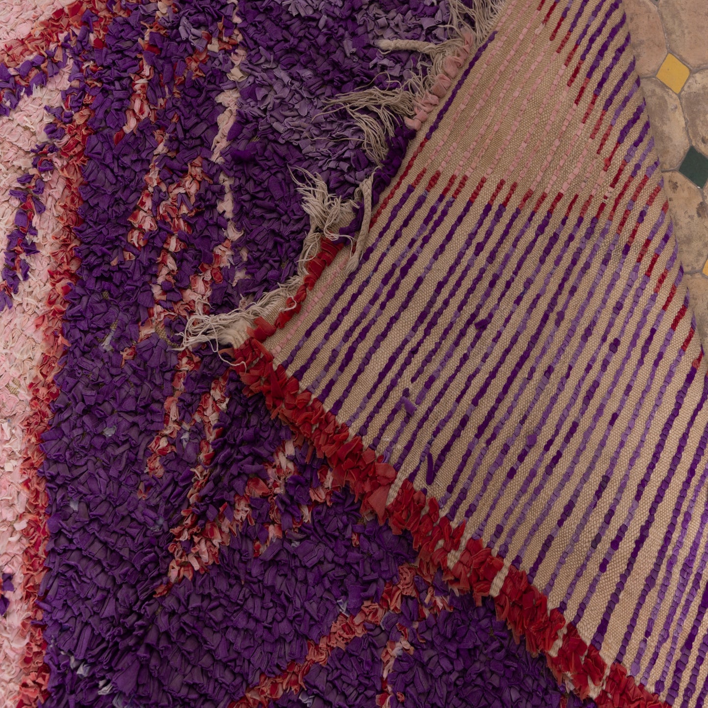 Vintage Moroccan Boucherouite Rug – Handwoven Berber Carpet in Purple & Pink – Unique Boho Chic Shag Rug