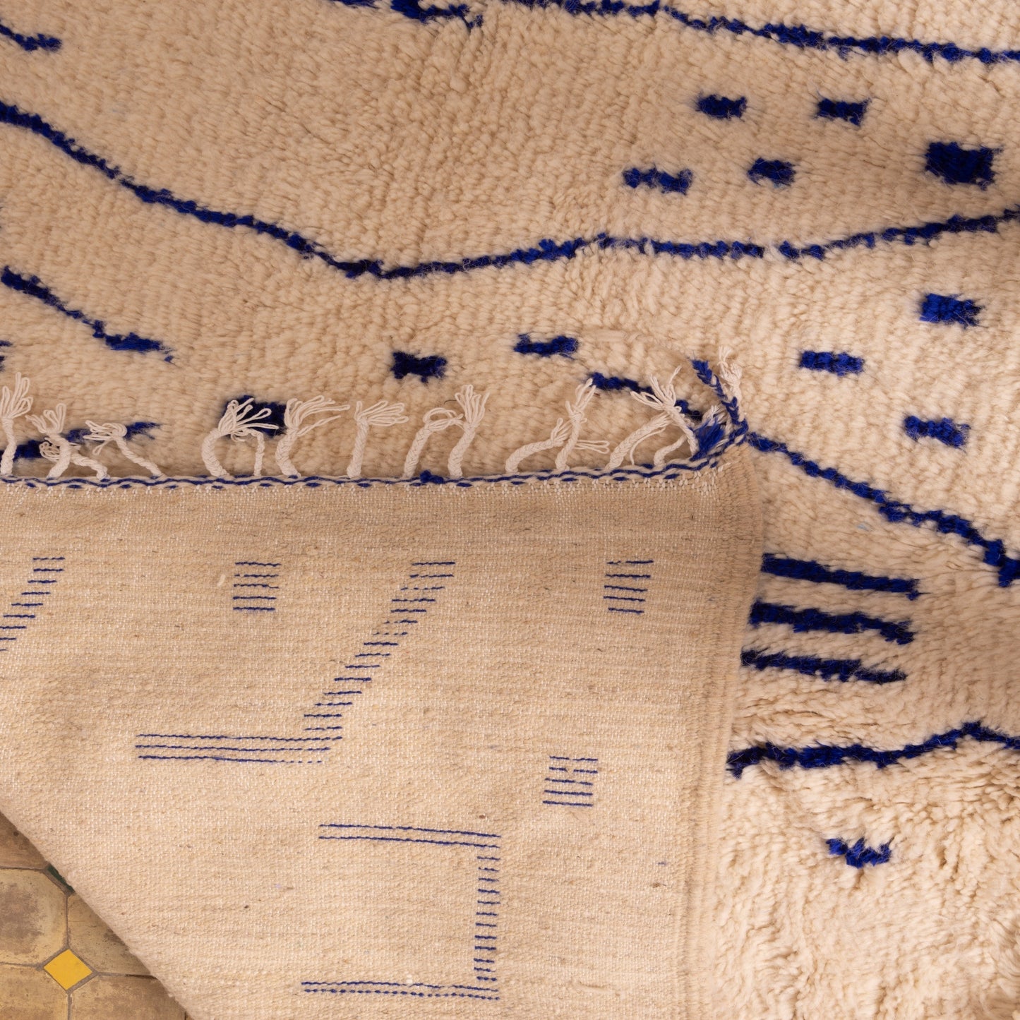 Abstract Berber Azilal Rug with Tribal Indigo Symbols - Handwoven Moroccan Wool & Cotton Carpet - One-of-a-Kind Art Rug