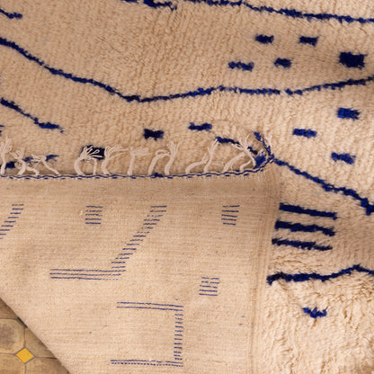 Abstract Berber Azilal Rug with Tribal Indigo Symbols - Handwoven Moroccan Wool & Cotton Carpet - One-of-a-Kind Art Rug