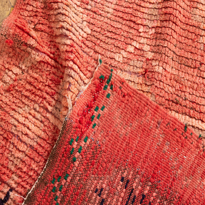 Vintage Moroccan Handwoven Runner Rug - Red with Geometric & Human Symbol Patterns - Wool & Cotton - 80% Wool 20% Cotton