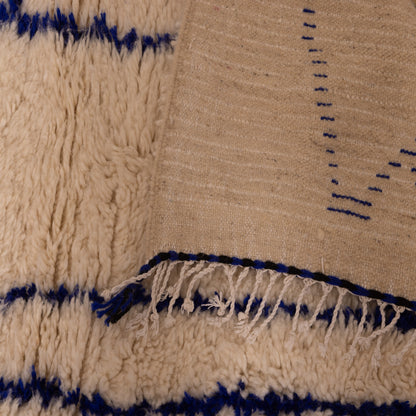 Abstract Moroccan Berber Wool Rug - Modern Indigo Blue Line Art on Cream Wool - Handwoven Azilal Style Decor
