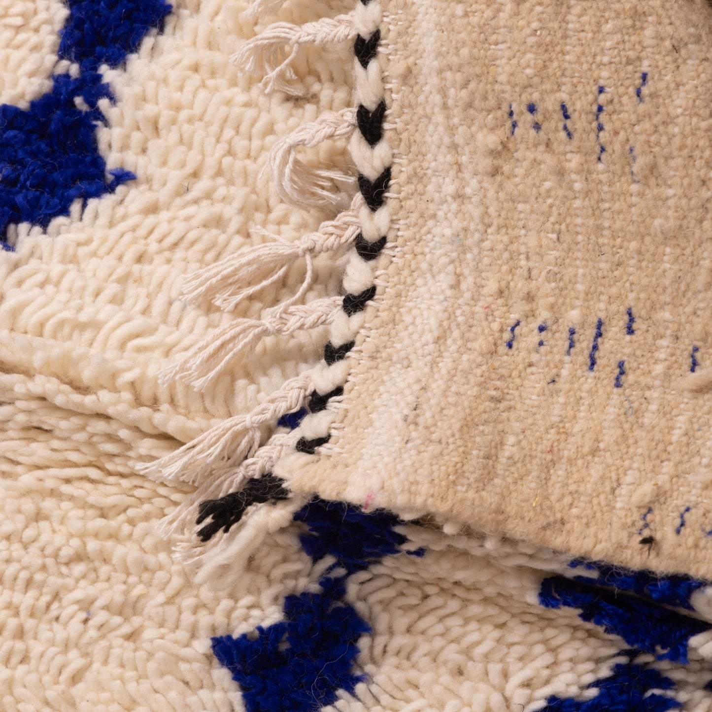 New Handmade Azilal Wool Rug - Abstract Blue Design on Cream - Moroccan Floor or Wall Decor