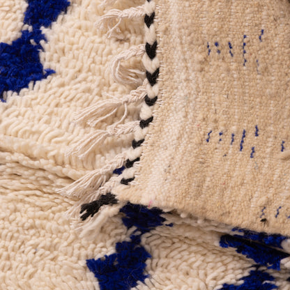 New Handmade Azilal Wool Rug - Abstract Blue Design on Cream - Moroccan Floor or Wall Decor