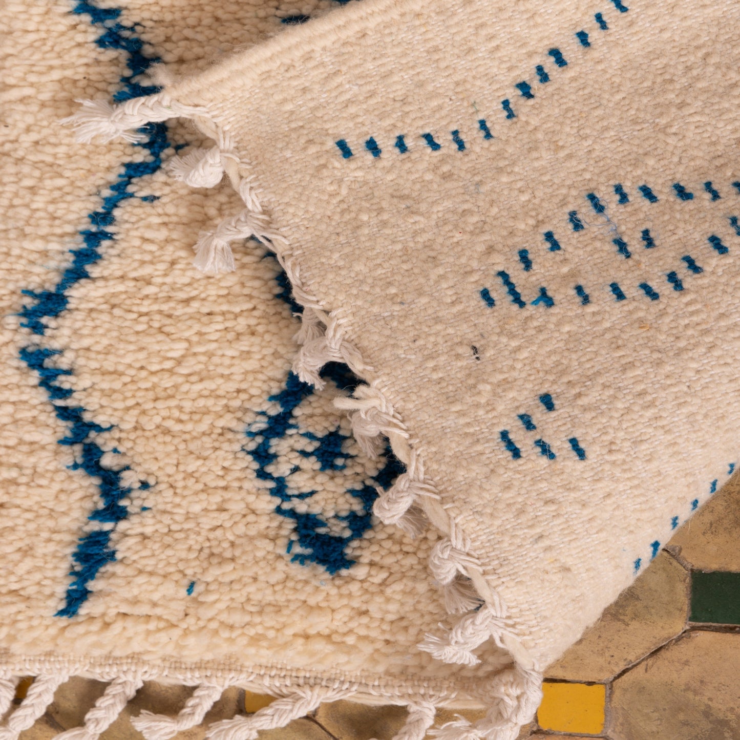 New Handmade Azilal Wool Rug - Blue Diamond Pattern on Cream - Modern Moroccan Tribal Decor