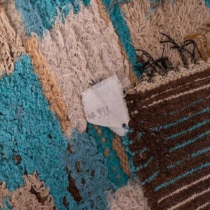 Vintage Moroccan Boucherouite Rug – Handwoven Berber Carpet in Shades of Blue & Beige