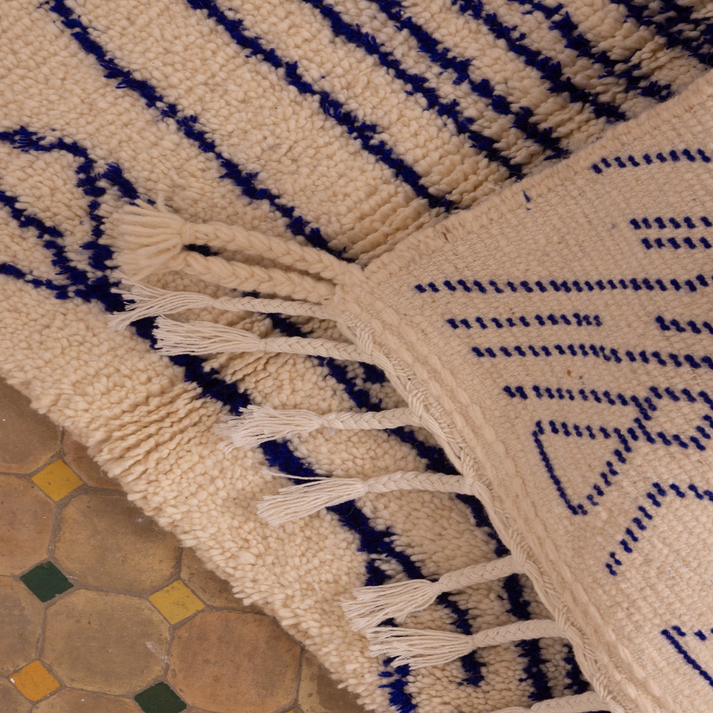 New Handmade Azilal Wool Rug - Abstract Blue Geometric Pattern on Cream - Tribal Berber Art for Wall or Floor