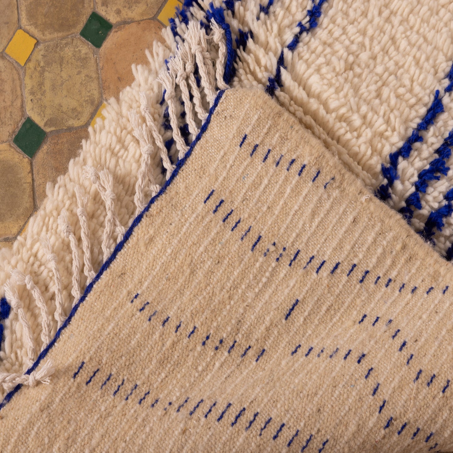Handwoven Moroccan Wool Rug - Bold Blue Tribal Patterns on Cream - Unique Bohemian Wall Decor