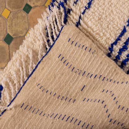 Handwoven Moroccan Wool Rug - Bold Blue Tribal Patterns on Cream - Unique Bohemian Wall Decor