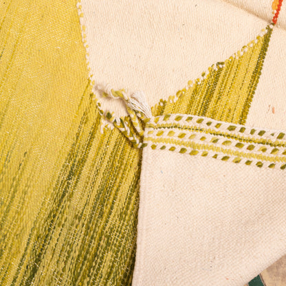 Colorful Akhnif Rug – Handwoven Moroccan Wool Flatweave with Geometric Zigzag Motif – Modern Tribal Tapestry in Orange, Green, Blush & Blue ; 8,04 ft / 4,76 ft