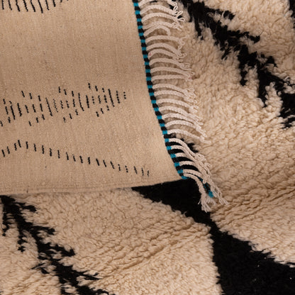 Neutral Azilal Rug - Black Diamond Tribal Design - Handwoven Moroccan Wool & Cotton Small Carpet