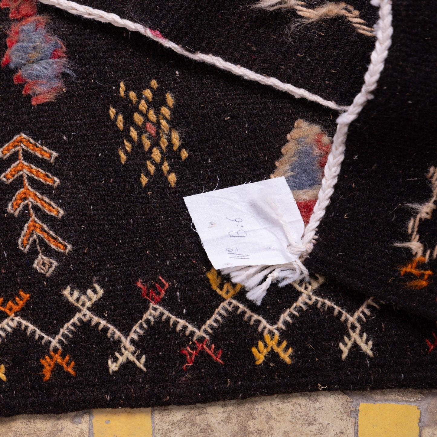 Handwoven Moroccan Akhnif Rug – Dark Berber Wool & Cotton Carpet with Vibrant Tribal Symbols