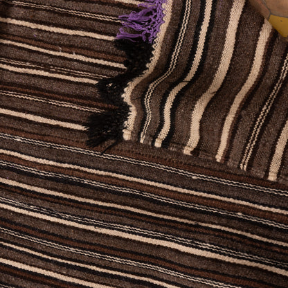 Vintage Moroccan Striped Handwoven Rug | Dark Brown Berber Wool Blanket | Authentic Nomadic Textile ; 7,05 ft / 4,27 ft