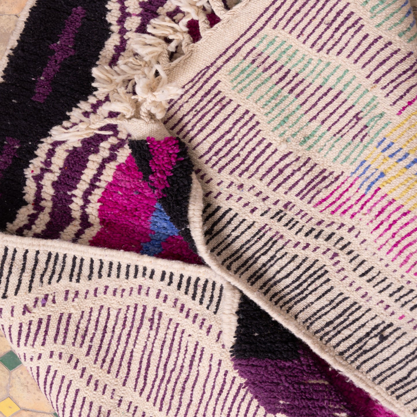 Magenta Zigzag Boujad Rug – New Moroccan Wool Rug – Bold Tribal Wall Art with Yellow, Teal & Black – Handmade Berber Tapestry Accent