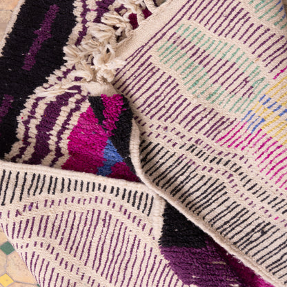 Magenta Zigzag Boujad Rug – New Moroccan Wool Rug – Bold Tribal Wall Art with Yellow, Teal & Black – Handmade Berber Tapestry Accent