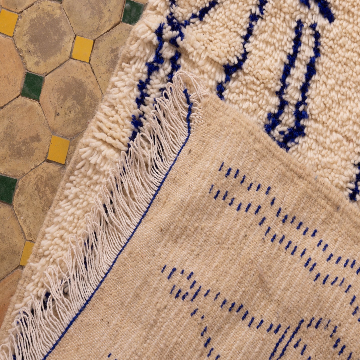 Handwoven Moroccan Wool Rug - Blue Tribal Geometric Patterns on Cream Base - Artisan Crafted