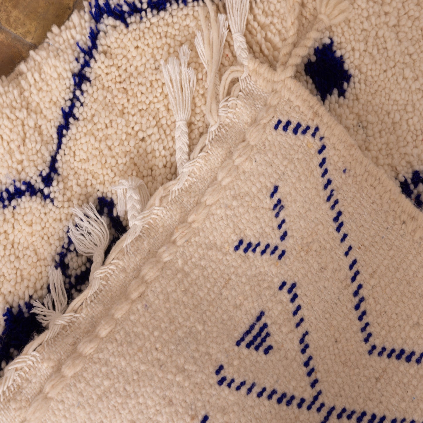New Handmade Azilal Wool Rug - Blue Diamond Tribal Design on Cream - Moroccan Wall or Floor Decor