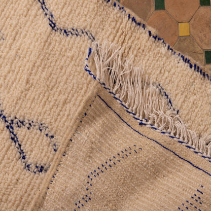 New Handmade Azilal Wool Rug - Blue Diamond Shapes on Neutral Cream - Moroccan Tribal Art for Floor or Wall