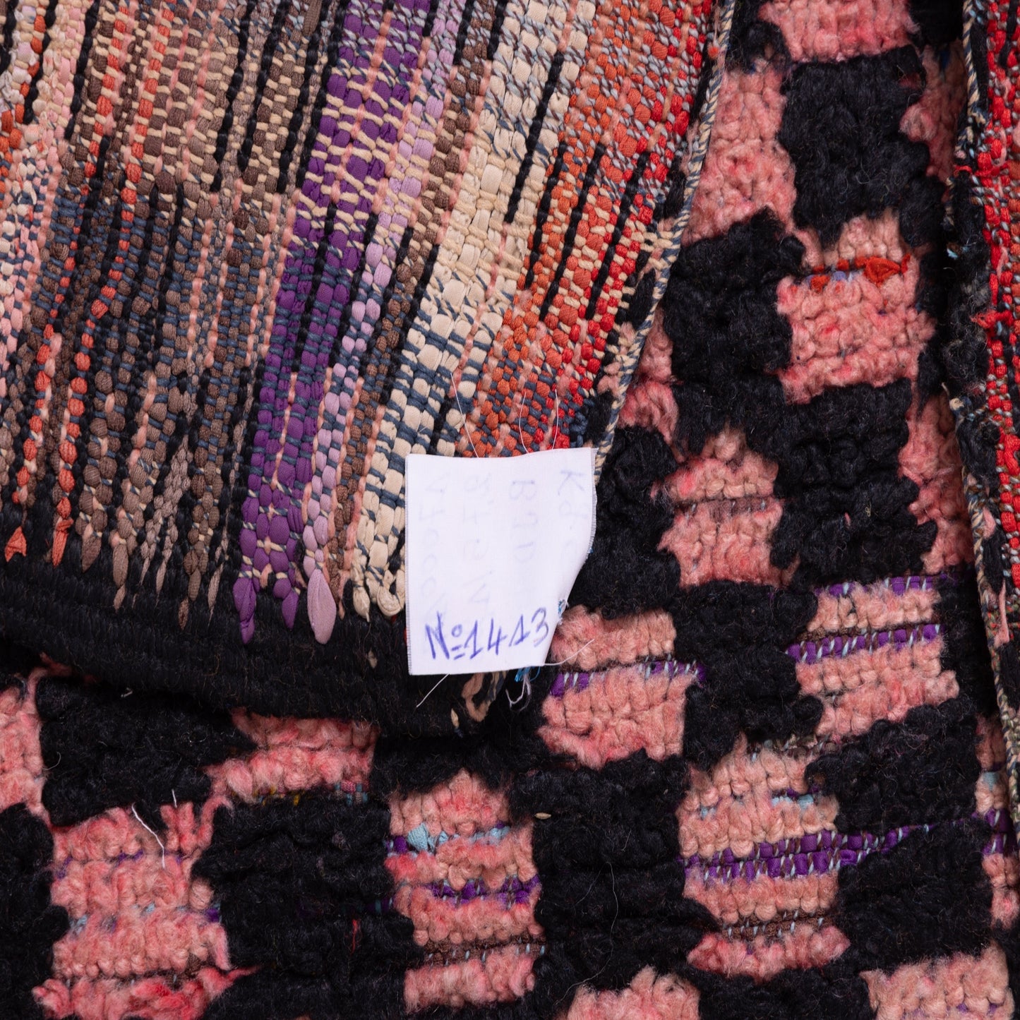 Vintage Moroccan Boucherouite Rug – Black & Pink Checkerboard Pattern – Handmade Berber Carpet