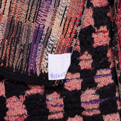 Vintage Moroccan Boucherouite Rug – Black & Pink Checkerboard Pattern – Handmade Berber Carpet