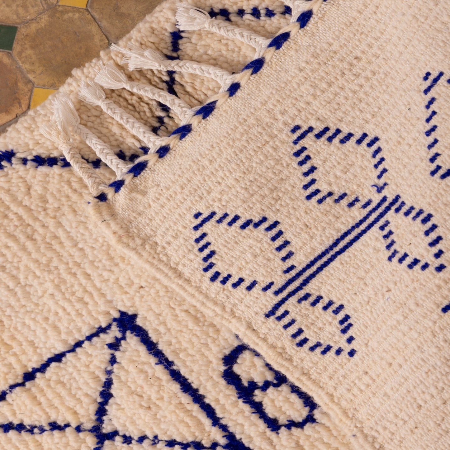 New Handmade Azilal Wool Rug - Abstract Blue Moroccan Symbols on Cream - Modern Tribal Wall or Floor Decor