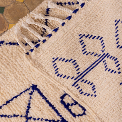 New Handmade Azilal Wool Rug - Abstract Blue Moroccan Symbols on Cream - Modern Tribal Wall or Floor Decor