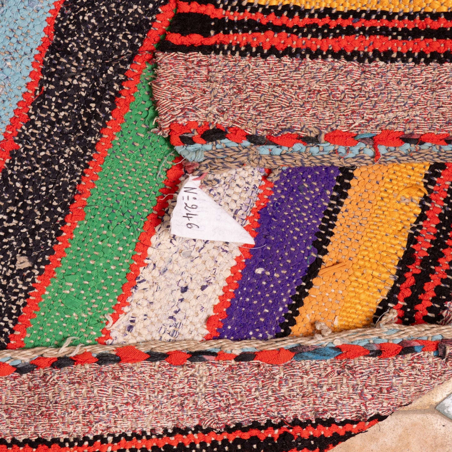 Vintage Moroccan Boucherouite Rug – Handwoven Berber Carpet with Bold Stripes & Abstract Design