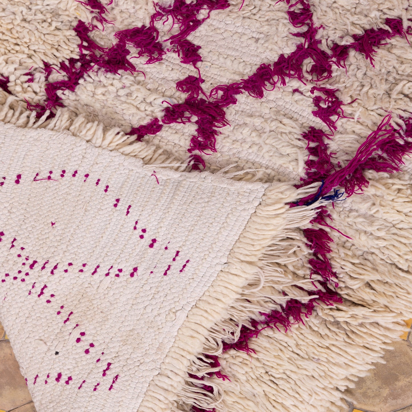 Vintage Moroccan Azilal Rug - Shaggy Cream Wool Runner with Fuchsia Diamond Pattern