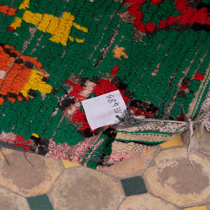 Vintage Moroccan Boujad Rug – Bold Geometric Patterns in Red, Green & Yellow – Handwoven Berber Wool