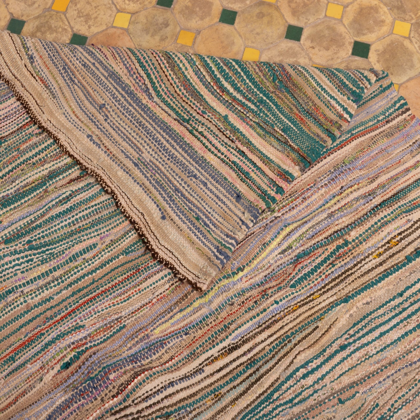 Vintage Moroccan Boucherouite Rug – Handwoven Berber Rag Rug with Earthy Stripes ; 4,59 ft / 3,28 ft