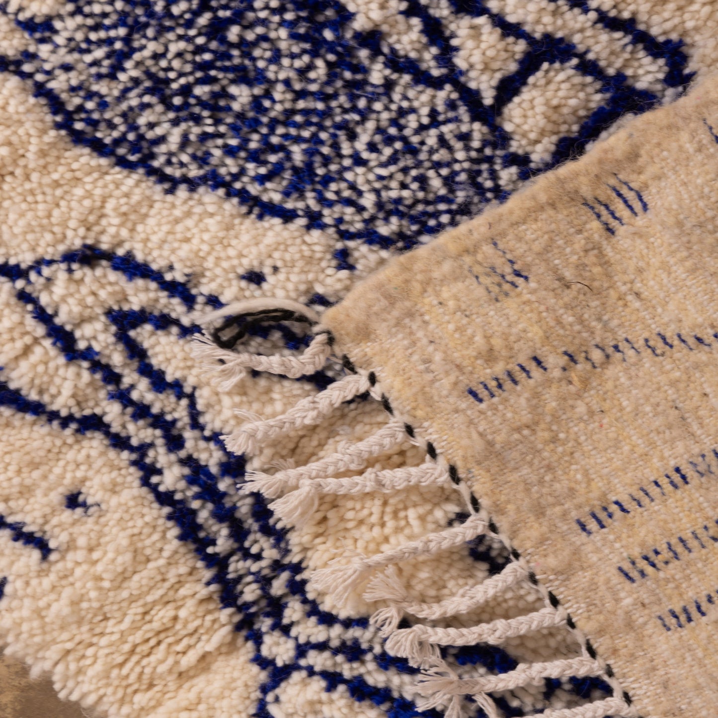 New Handmade Azilal Wool Rug - Abstract Blue Berber Symbols - Moroccan Tribal Floor or Wall Decor