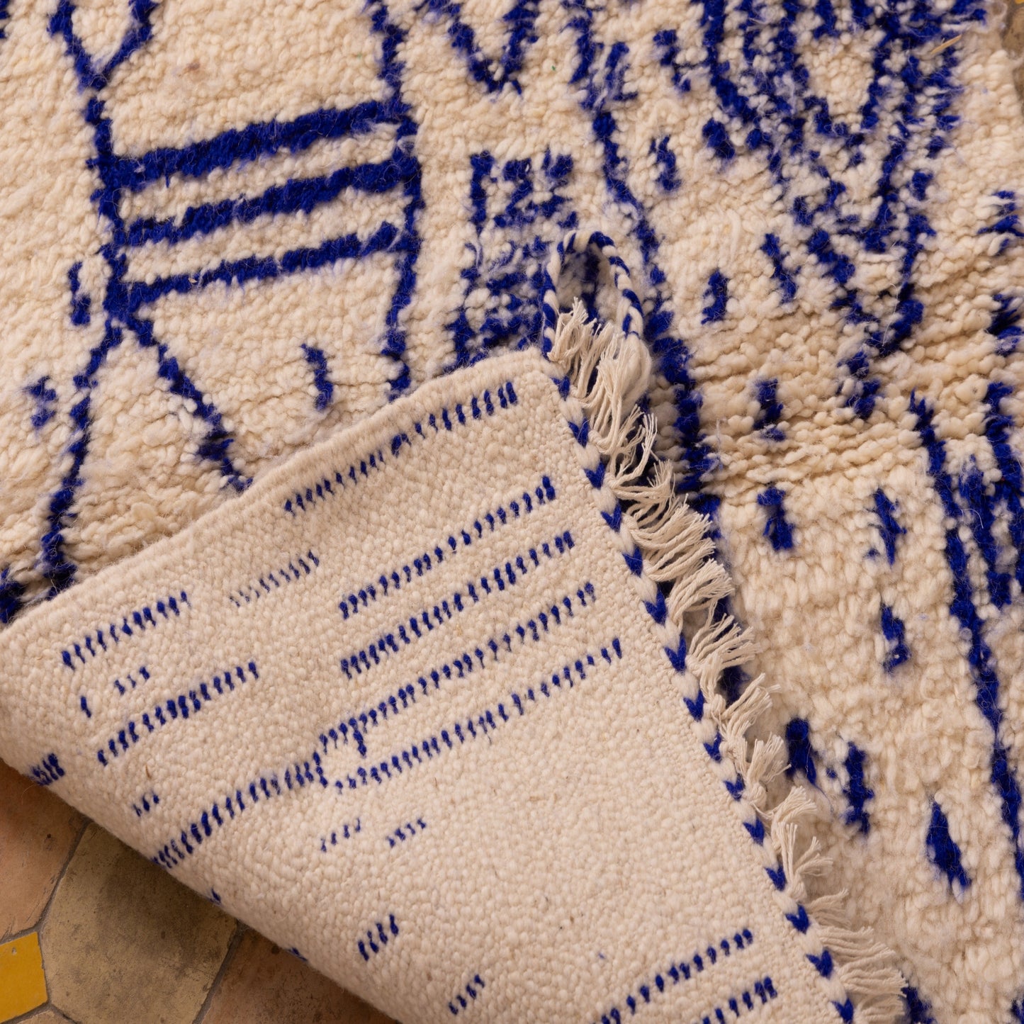 New Handmade Azilal Rug - Abstract Blue Berber Symbols on Cream - Modern Moroccan Tribal Wall Hanging or Floor Piece