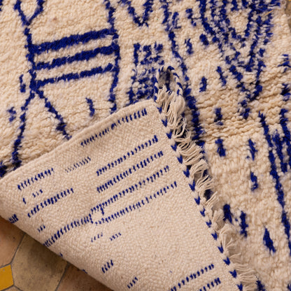 New Handmade Azilal Rug - Abstract Blue Berber Symbols on Cream - Modern Moroccan Tribal Wall Hanging or Floor Piece