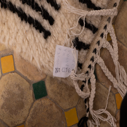 Minimalist Moroccan Azilal Rug - Handmade Wool Wall Hanging or Small Area Rug - Cream & Black Tribal Pattern