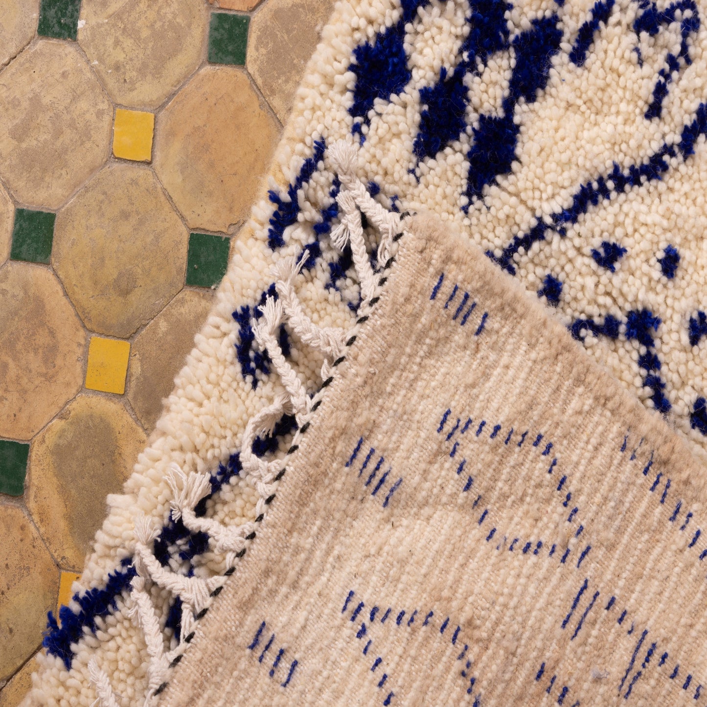 New Handmade Azilal Wool Rug - Tribal Symbols in Blue on Cream - Boho Moroccan Wall Art or Floor Decor
