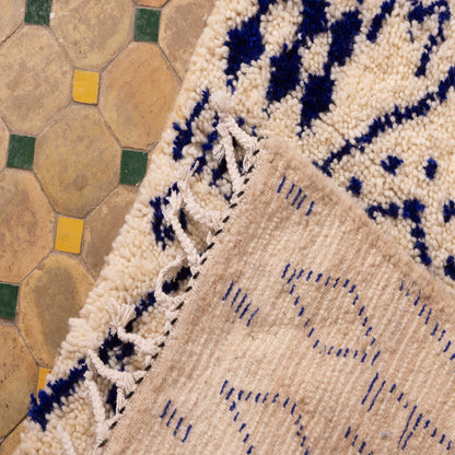 New Handmade Azilal Wool Rug - Tribal Symbols in Blue on Cream - Boho Moroccan Wall Art or Floor Decor