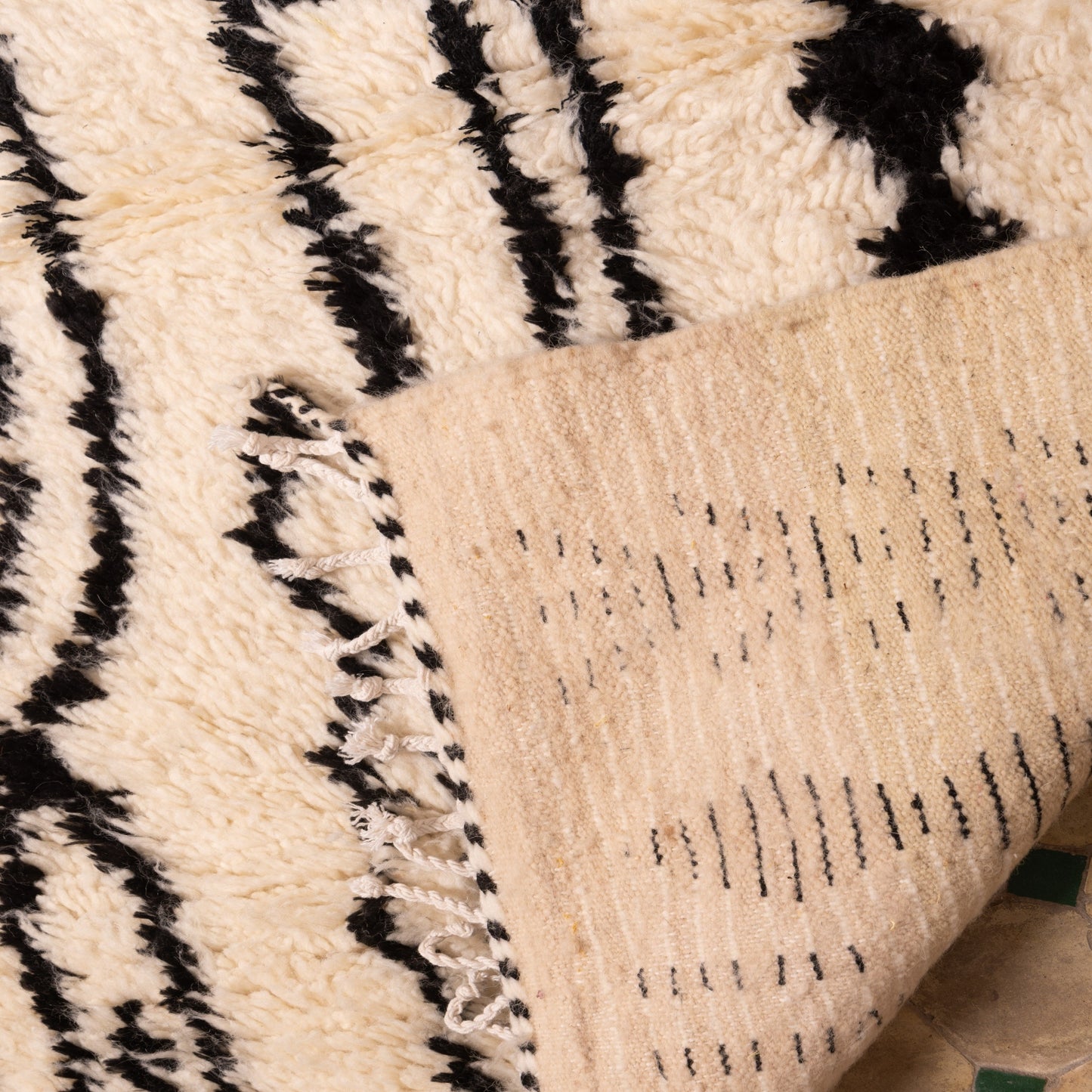 New Azilal Wool and Cotton Rug - Abstract Black Berber Symbols on Cream - Handmade Moroccan Modern Tribal Decor
