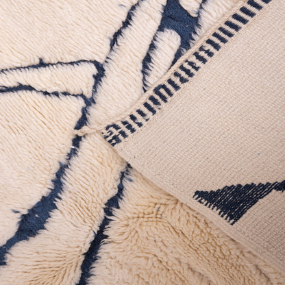 Handwoven Moroccan Wool Rug – Abstract Blue Line Art on Cream Background