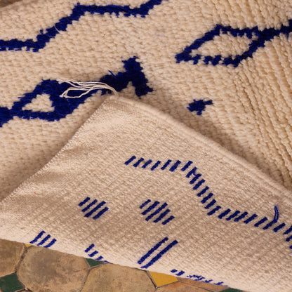 New Handmade Azilal Wool Rug - Bold Blue Tribal Pattern on Cream - Moroccan Floor or Wall Decor
