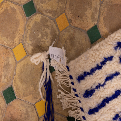 New Handmade Azilal Rug - Abstract Blue Berber Symbols on Cream - Modern Moroccan Tribal Decor for Wall or Floor